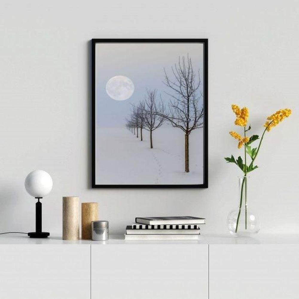 Quadro Paisagem Neve Árvores Lua 24x18cm