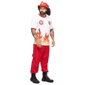 Fantasia Bombeiro Masculina Adulto Roupa Carnaval com Chapéu