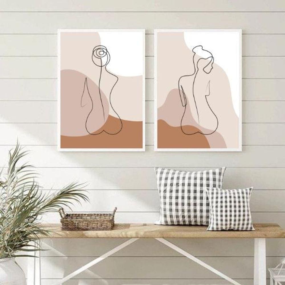 Kit 2 Quadros Nús Bege 33x24cm - Moldura Preta