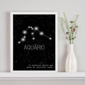 Quadro Constelação Signo Aquário 24x18cm - Vidro, Madeira Branca