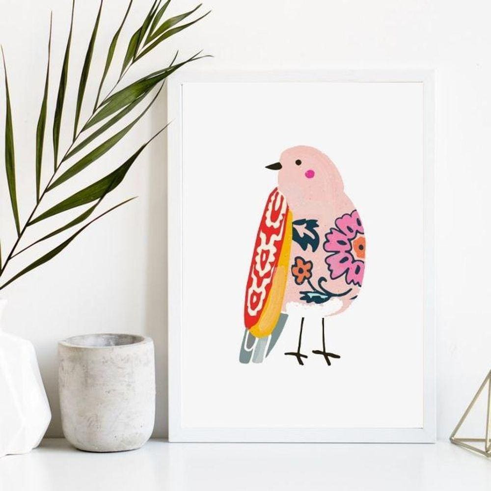 Quadro passarinho floral 33x24cm - vidro e moldura branca