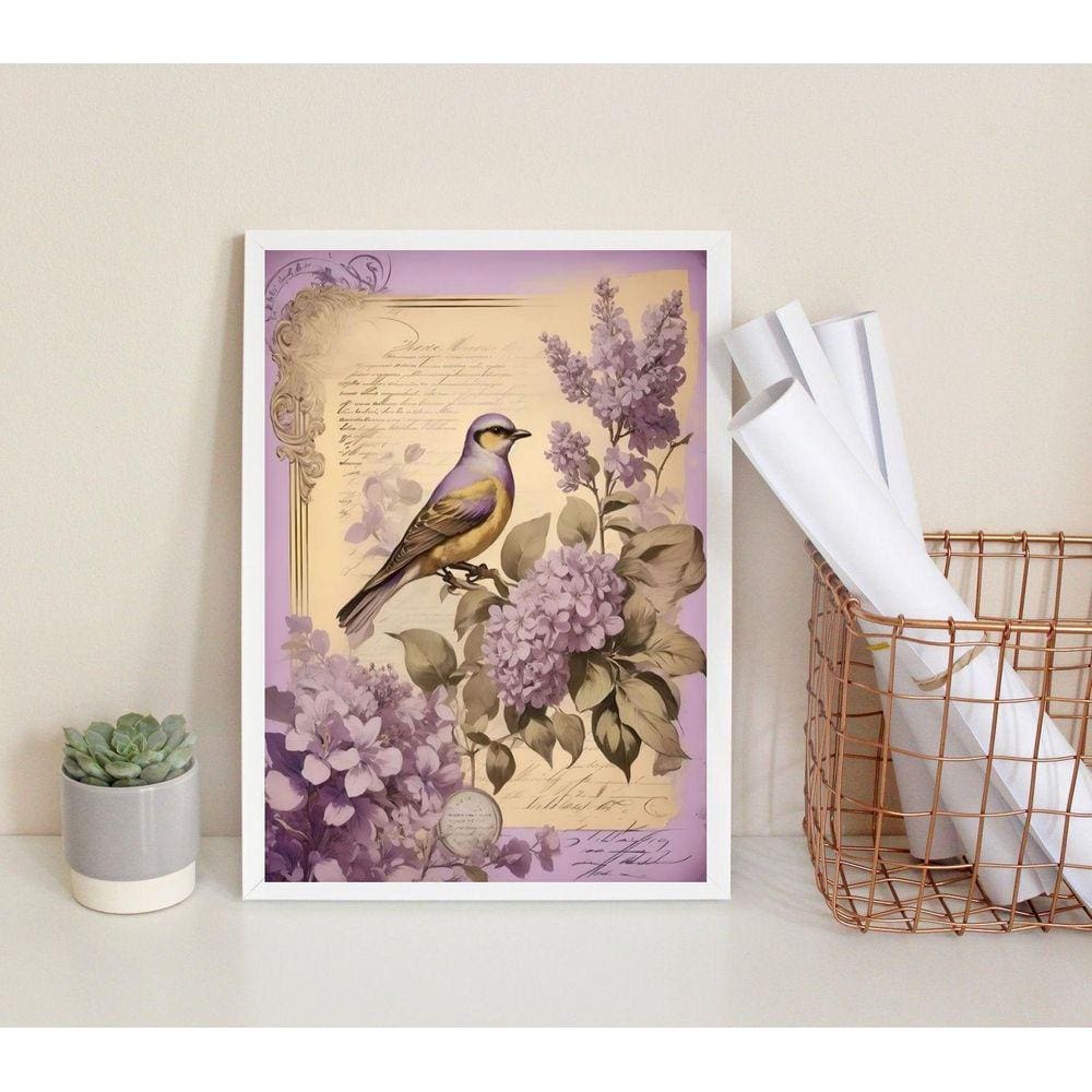 Quadro Decorativo Passarinho Lilás 45x34cm Vidro Moldura Branca