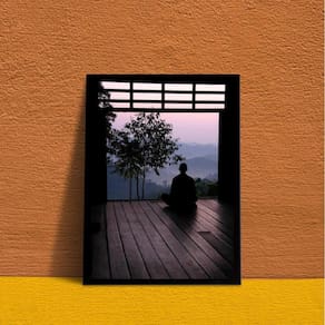 Quadro Decorativo Meditação Monge 24x18cm - Madeira Preta