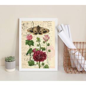 Quadro Borboleta e Flor Vintage 33x24cm - Vidro e Moldura Preta