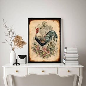 Quadro Decorativo Galo Retrô 24x18cm - Vidro e Moldura Preta