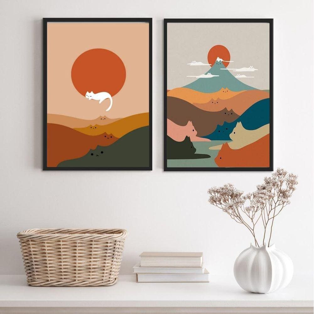 Quadros Bohos Gatinhos 45x34cm - Vidro - Madeira Preta