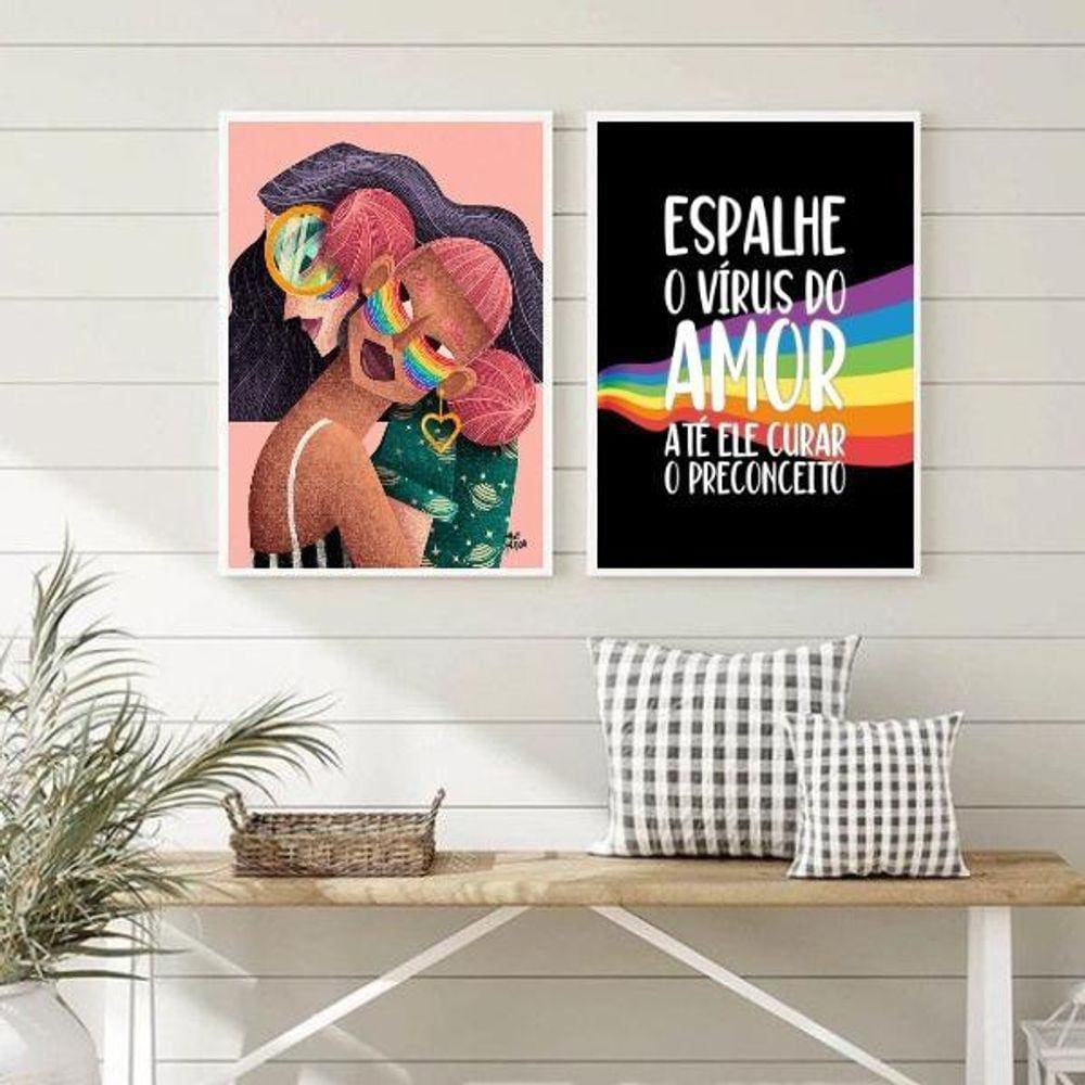 Quadros LGBT Lésbicas Amor 45x34cm - Vidro e Moldura Branca