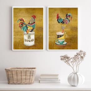 Quadros Cozinha Galos Country 33x24cm - Vidro e Moldura Branca