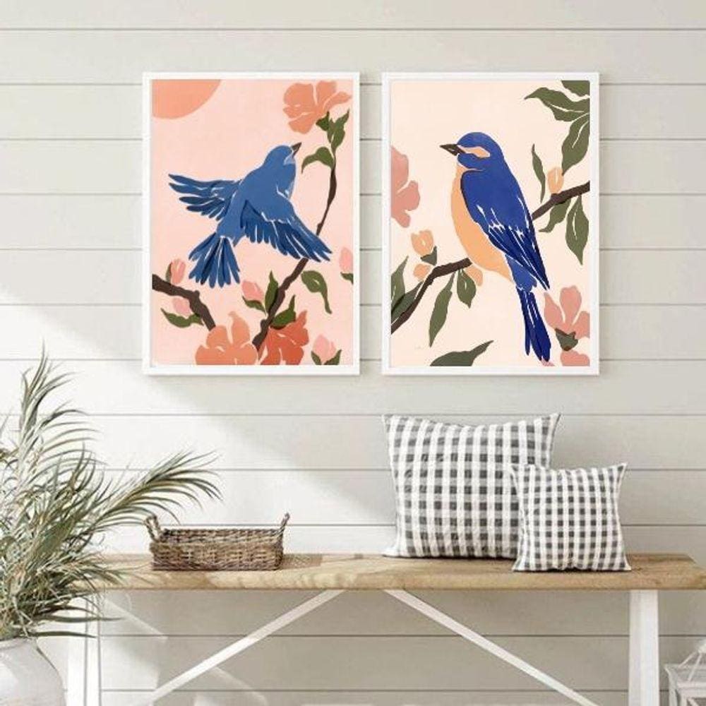 Kit 2 Quadros Aquarelas Passarinhos Azul 45x34cm - Vidro e Moldura Preta
