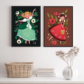 Quadros Infantis Retrô Menina Camponesa 45x34cm - Com Vidro e Moldura Branca