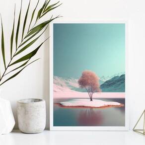 Quadro Paisagem Neve 45x34cm - Rosa/Azul c/ Vidro