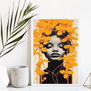 Quadro Decorativo Mulher Orquídeas Amarelas 24x18cm - Vidro e Moldura Branca