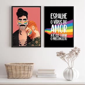 Kit 2 Quadros LGBT Gays Amor 24x18cm - Vidro e Moldura Branca