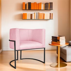 Poltrona Decorativa Base de Ferro Suede Munique Rosa Bebê/Preto