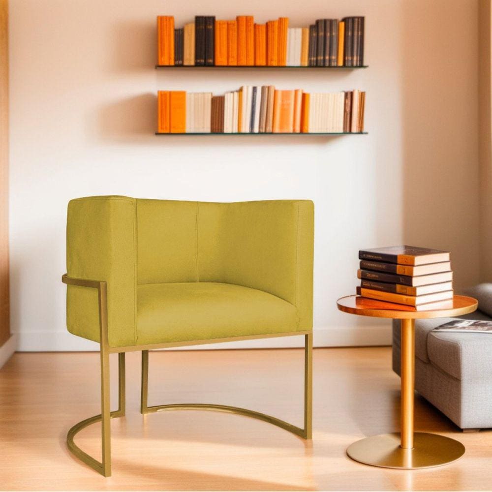 Poltrona Decorativa Base de Ferro Suede Munique Amarelo/Dourado