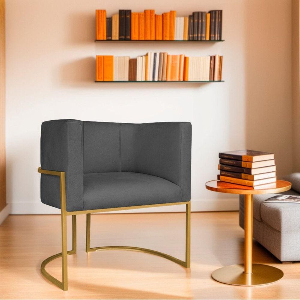 Poltrona Decorativa Base de Ferro Linho Munique Cinzaescuro/Dourado