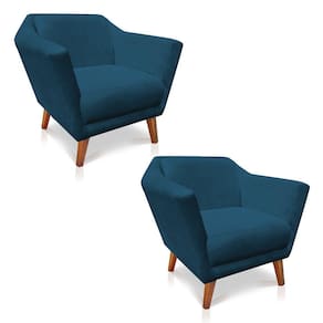 Kit 2 Poltronas Decorativa Pérsia Suede Azul Marinho Pés Chanfrado Castanho - Pallazio