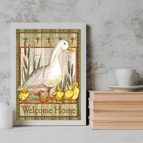 Quadro Country Patinhos Welcome Home 45x34cm - Madeira Branca