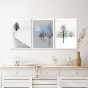 Kit 3 Quadros Paisagens Neve-Árvores 45x34cm Madeira Preta