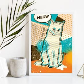 Quadro Decorativo Gato Pop Art 45x34cm Moldura Branca