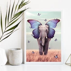 Quadro Decorativo Elefante Borboleta Azul 45x34cm - Moldura Preta
