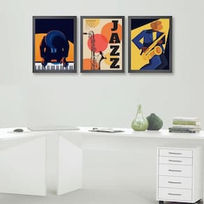 Kit 3 Quadros Músicos Jazz 33x24cm - Moldura Preta