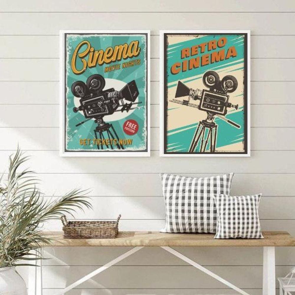 Kit 2 Quadros Cinema Retrô Azul 45x34cm - Moldura Branca