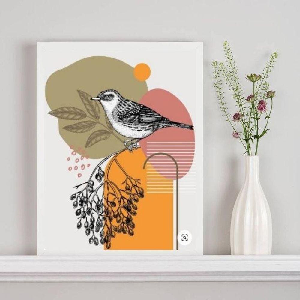 Quadro Abstrato Aquarela Passarinho 45x34cm - Moldura Preta