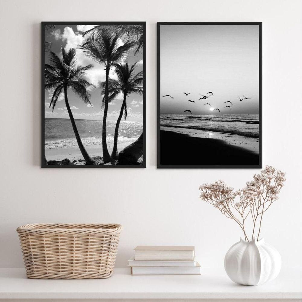 Quadros Decorativos Praia P&B 45x34cm c/ Vidro - Moldura Branca