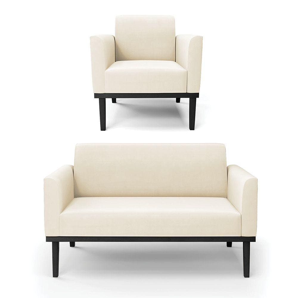 Sofá Namoradeira com Poltrona Base de Madeira Fixa Preto Marisa Veludo Bege D03 - D`Rossi