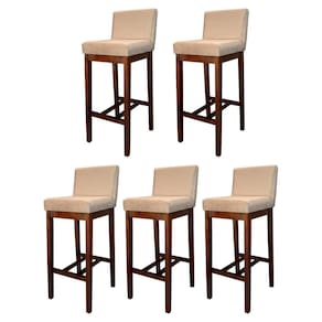 Kit 5 Banquetas Alta Estofada para Bancada de Cozinha Lisboa Madeira Capuccino Suede Bege CCS