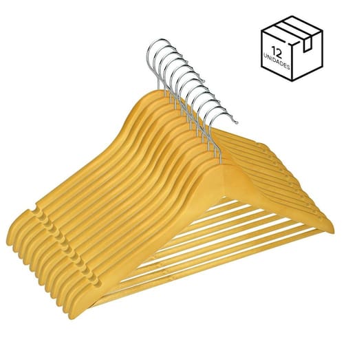 imagem-Kit 12 Cabides de Madeira Adulto Camisa Calça Gancho Metal