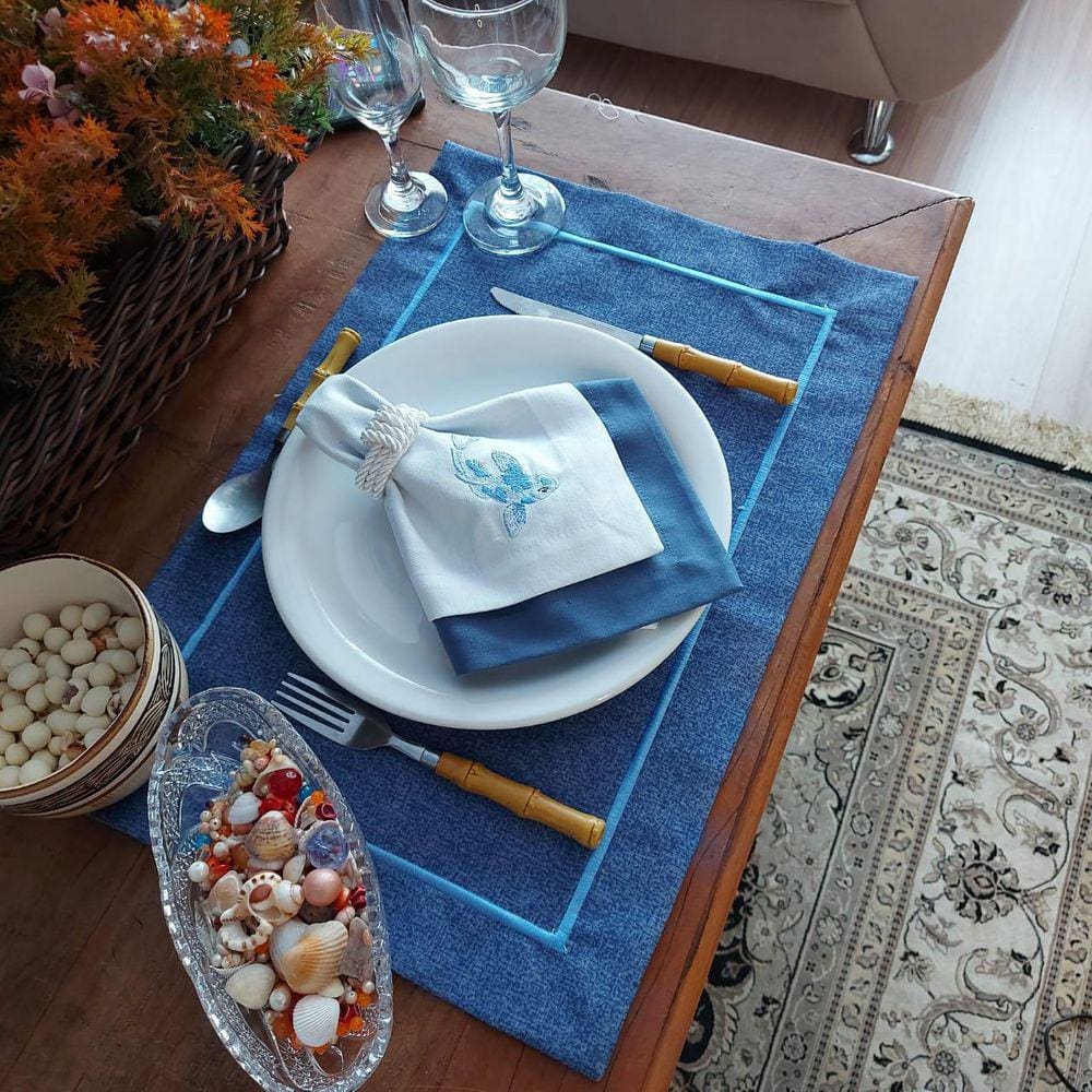 Kit Mesa Posta Completo Tecido Azul - Peixe 2Un