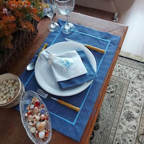 Kit Mesa Posta Completo Tecido Azul - Peixe  2Un