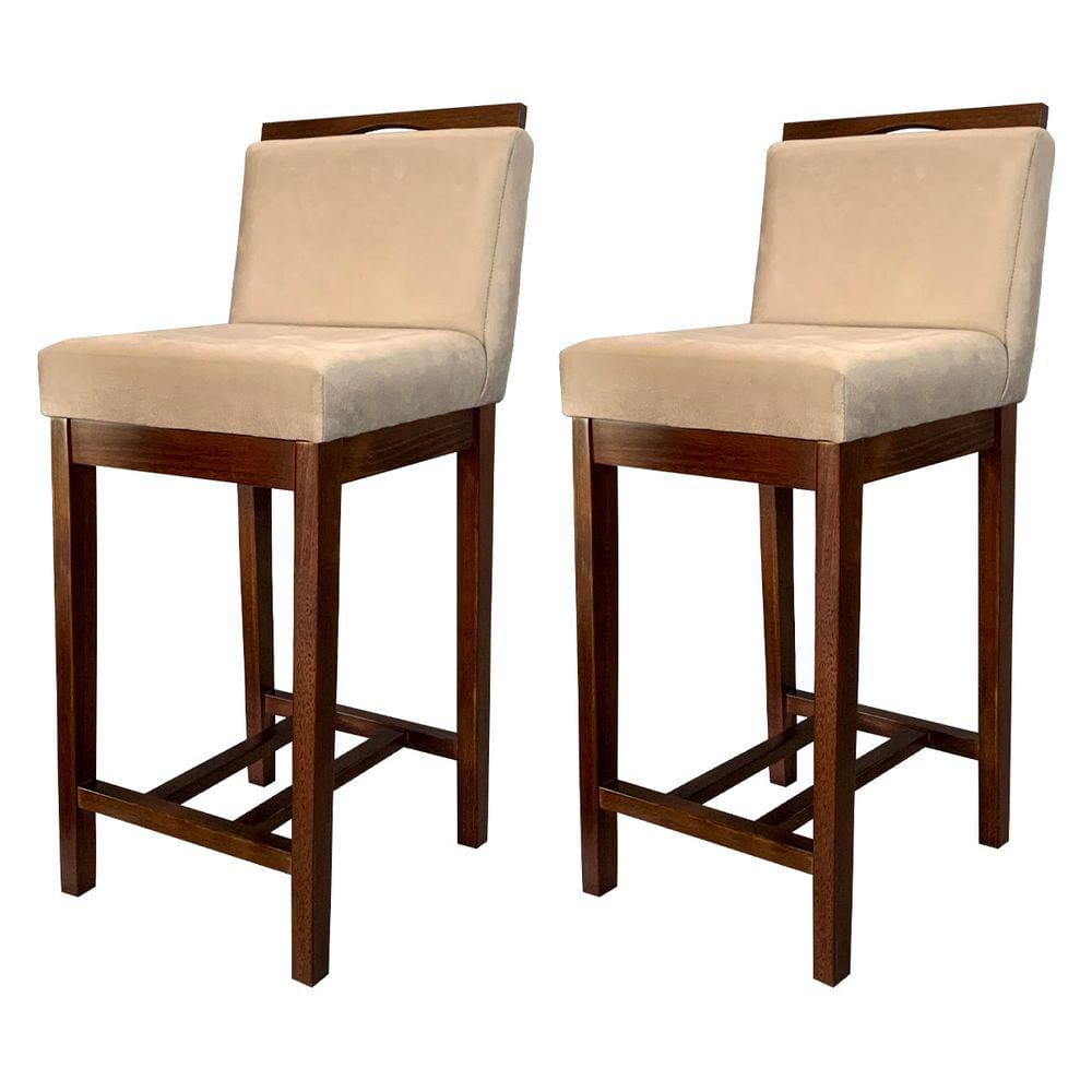 Kit 2 Banquetas Média Estofadas com Encosto Líbia Madeira Capuccino Suede Bege CCS