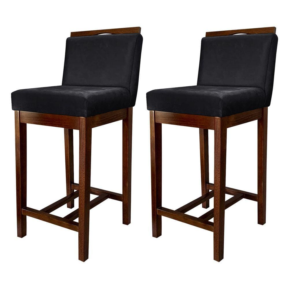 Kit 2 Banquetas Média Estofadas com Encosto Líbia Madeira Capuccino Suede Preto CCS