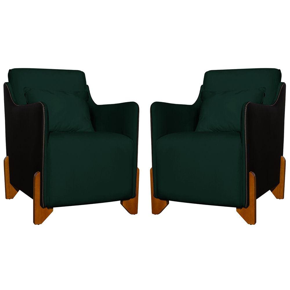 Kit 2 Poltronas Decorativas Pés Madeira Heloisa Veludo Composê em Corino Preto - Estopar