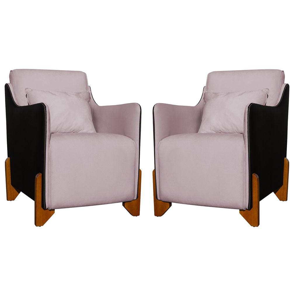 Kit 2 Poltronas Decorativas Pés Madeira Heloisa Veludo Composê em Corino Preto - Estopar