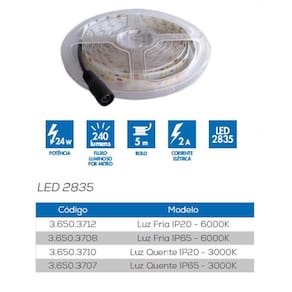 Fita De Led 24w 12v Bivolt Com Fita Dupla Face Branco Quente 3000k Rolo com 5 metros