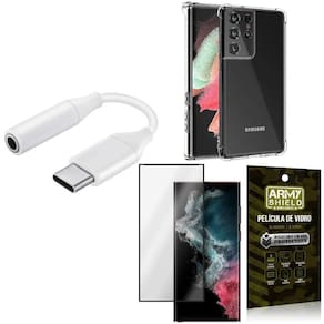 Capinha Samsung S22 Ultra + adaptador Tipo C para Fone P2 + Película 3D