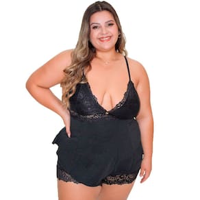 Short Doll Baby Doll Pijama Confortável Renda Luxo Plus Size Amanda Preto