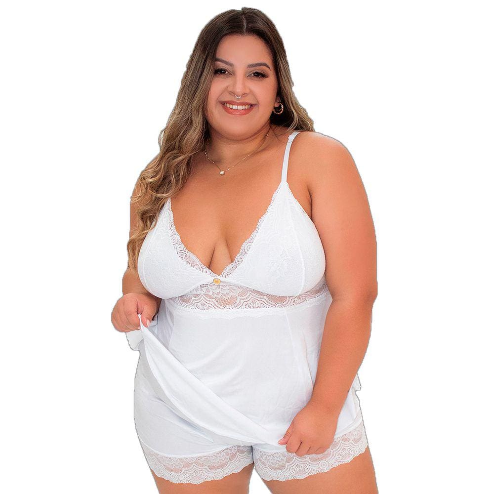 Short Doll Baby Doll Pijama Confortável Renda Luxo Plus Size Amanda Branco