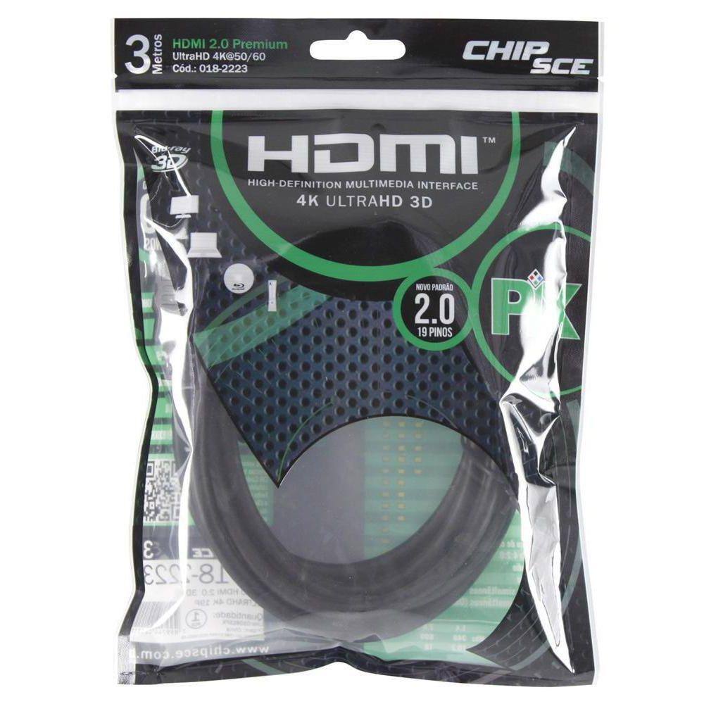 Cabo HDMI 2.0 Premium - 3 metros - 19 pinos - 4K UltraHD 3D - Chip SCE 018-2223