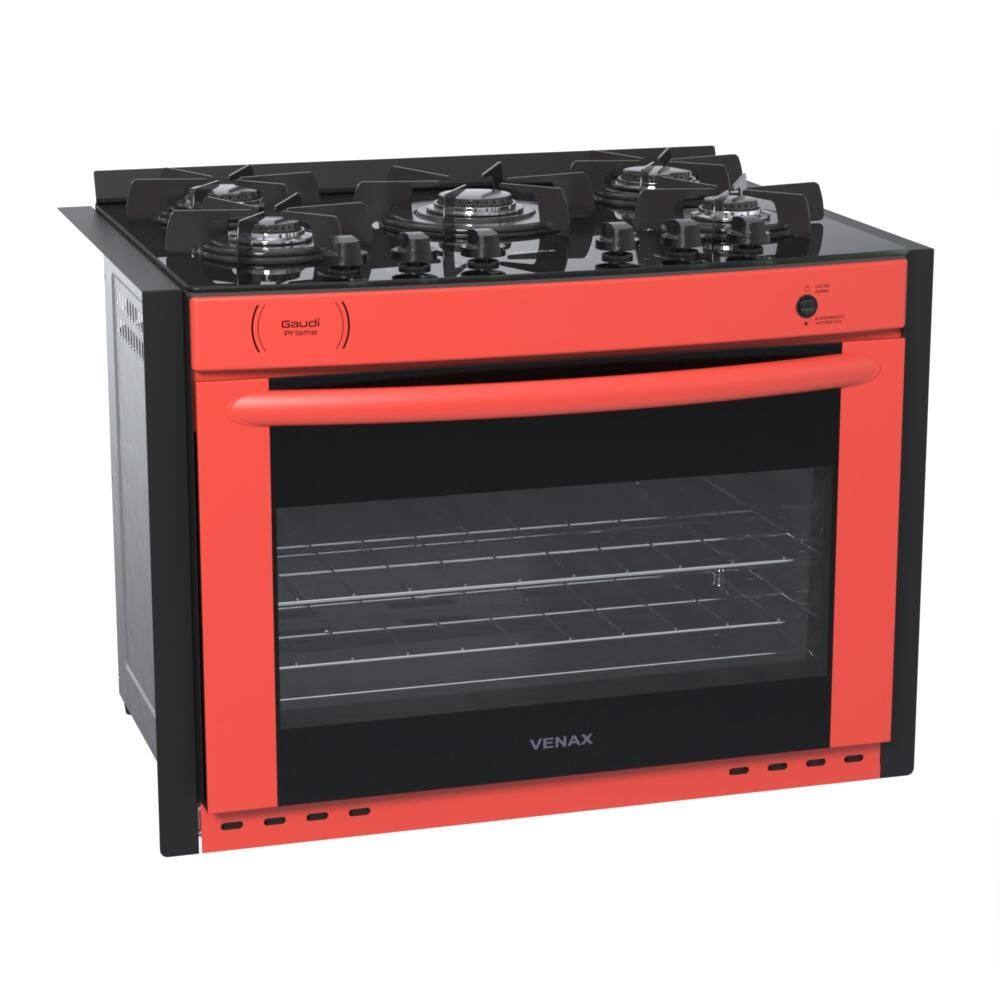 Fogão 5 Bocas de Embutir Venax Gaudi Prisma Vitreo Vermelho Mesa em Vidro – Bivolt – 23638