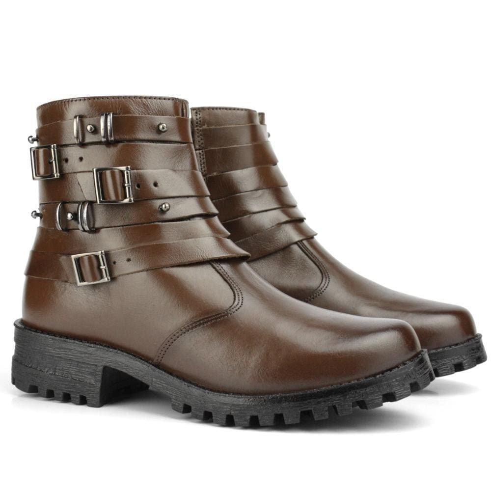 Bota Feminina Couro Confortável Solado Tratorado Zíper