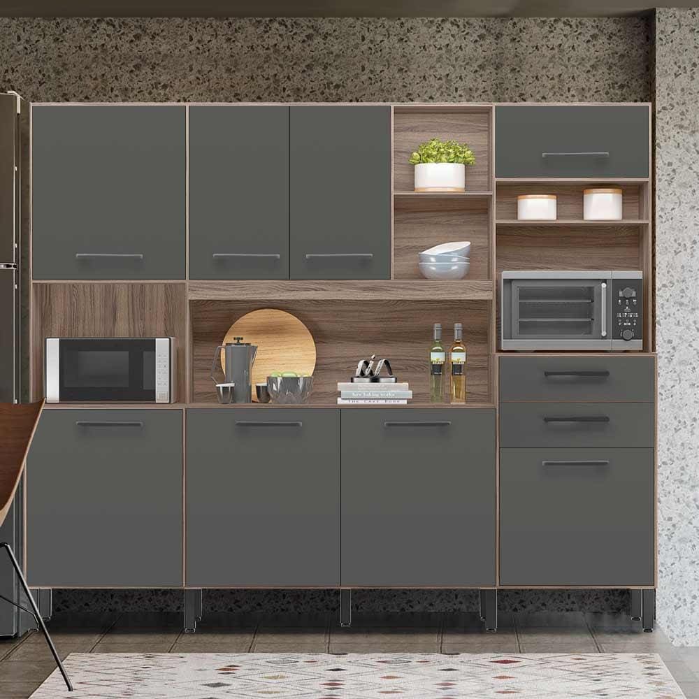 Armário De Cozinha Completa 8 Portas 2 Gavetas Pés Com Regulagem Carvalho Nature Cinza Agana Shop Jm
