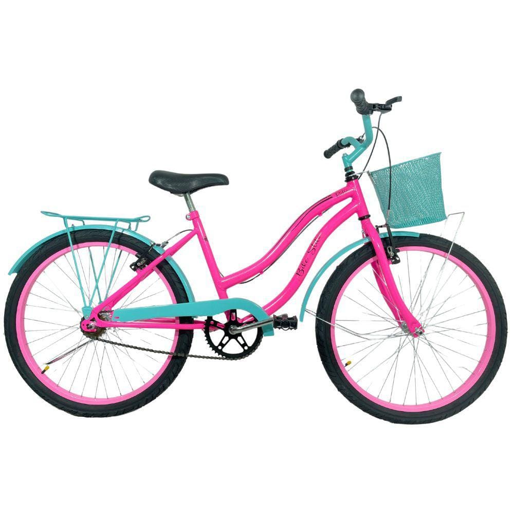 Bicicleta Infantil Aro 24 Cesta Feminina Azul / Rosa Neon
