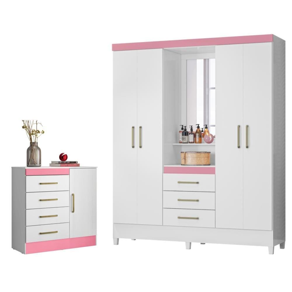 Jogo de Quarto Roupeiro e Comoda Munique Branco Rosa