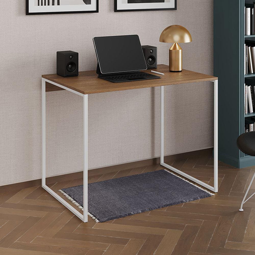 Escrivaninha Industrial Office Amêndoa 120x53 Grécia Base Ferro Branco