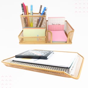 Kit Porta Caneta Lápis Organizador de Mesa, Bandeja Organizadora Arquivo Dourado Ouro